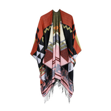 Damen bedruckter Schal-Wrap Modische Quaste vorne offen Poncho Cape